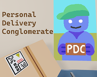 Cartoon style photo of a poster of a man in a hat holding a delivery box saying PDC.